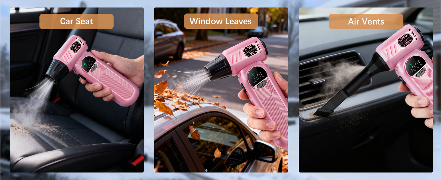 Pink air duster blowing dust from car seat removing leaves and cleaning car air vents