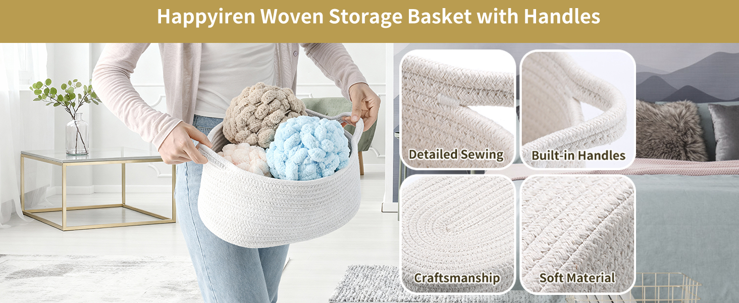 White woven cotton storage basket with soft pom-poms, showing detailed sewing and built-in handles
