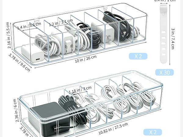 Cheardia 4 Pack Cable Organizer Box with Wire Ties, 2 Style Plastic Cord Storage Box, 10 In Adjus...