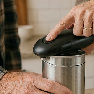 Senior pressing can opener button