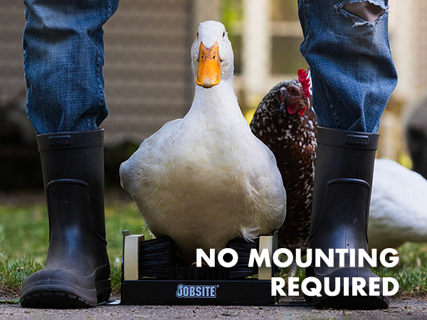 A person stands on the scrubber next to a duck. Text reads "no mounting required"