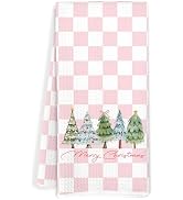 JOQUXI Pink Checkered Christmas Kitchen Towels, Green and Blue Christmas Tree Decorative Hand Tea...