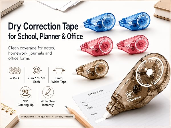 Dry correction tape set for school planner office with 6 pack 20m white tape and 90° rotating tip.