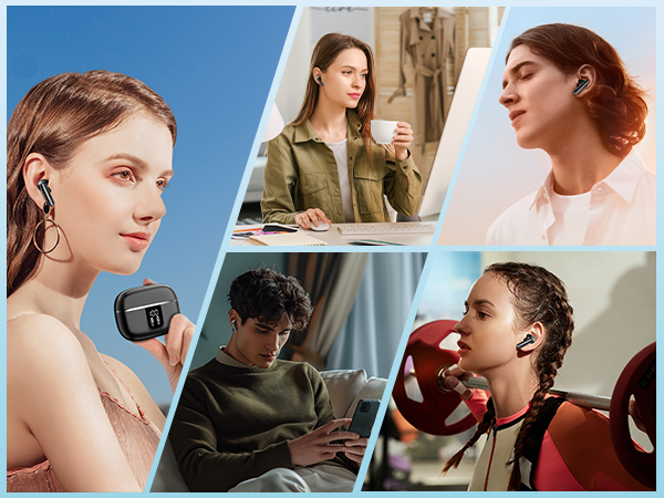 Collage of people using small, black wireless earbuds in various settings: outdoors, at a desk, and in a living room.