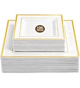 Pryntono 100 Pack Square Plastic Plates, Includes 50 Dinner Plates 9.5" and 50 Dessert Plates 6.5...