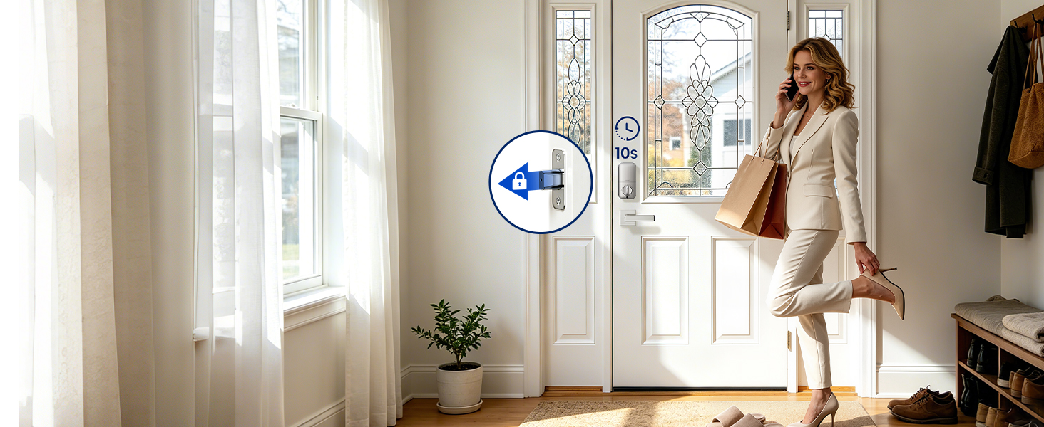 Smart deadbolt with 10-99 second auto lock for hands-free security during busy daily routines