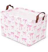 Ehigta 1PC 22L Pink Bow Storage Basket, Waterproof Canvas Organizer, Collapsible Decorative Bin w...