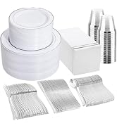 GATHER 700PCS Silver Plastic Plates - Silver Disposable Dinnerware Sets 100 Guest Include 200 Pla...