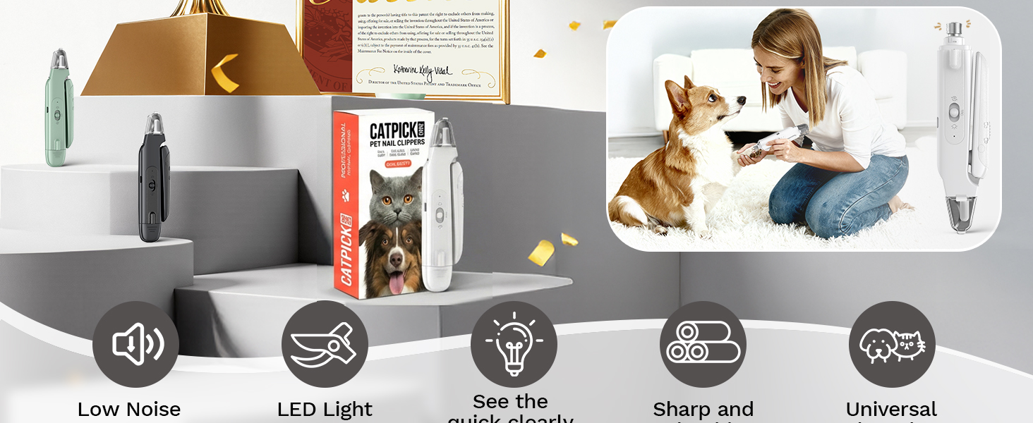 Electric pet nail clippers with LED light and woman trimming corgi's nails