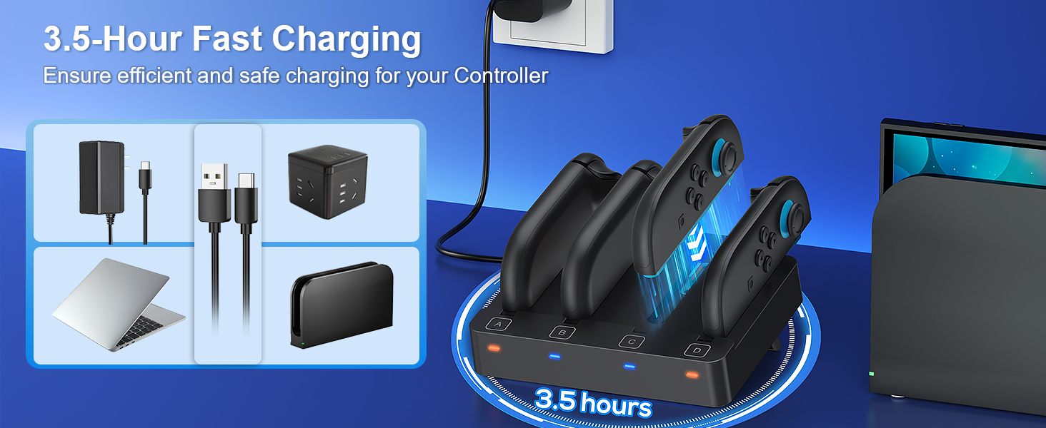 Dual gaming controller charging dock with 3.5-hour fast charging capability, featuring charging cables and power adapter accessories shown in small inset image.