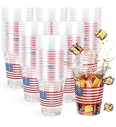 AnyDesign 50 Pcs Patriotic Flag Plastic Cups 16oz 4th of July Clear Drinking Cups American Flag D...