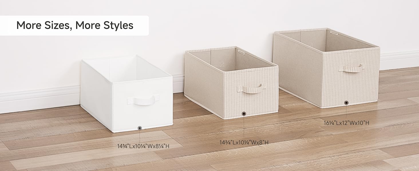 Foldable storage bins with size measurements shown for shelf and closet use.