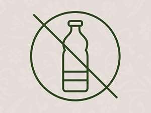 Icon showing plastic water bottle with diagonal line through it on beige background. Symbol indicates prohibition or elimination of single-use plastic bottles.