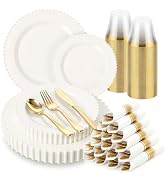 cheerserve 175pcs Plastic Dinnerware Set,Ivory Fancy Beaded Plastic Plates for 25 Guests Include ...