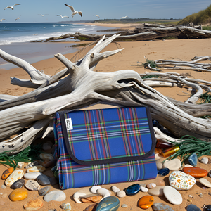 A sandy beach with a product lying on the sand, surrounded by seashells and starfish.