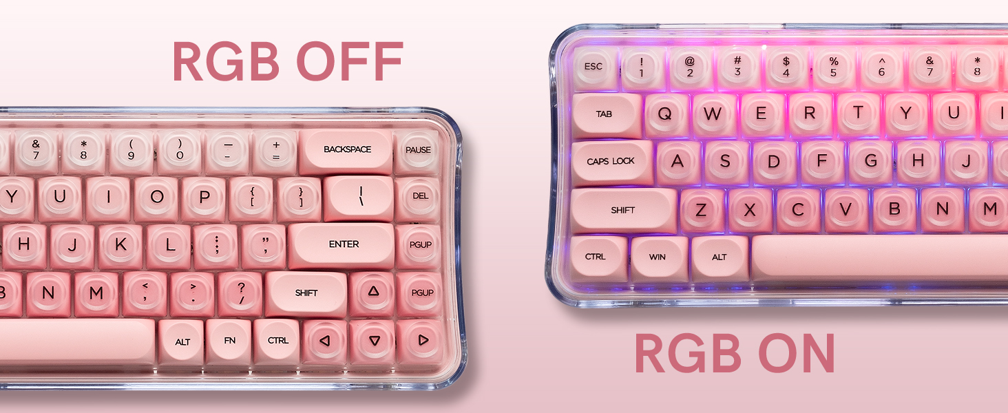 RGB off (showing a simple pink look) and RGB on (emitting colorful lights through the keycaps)