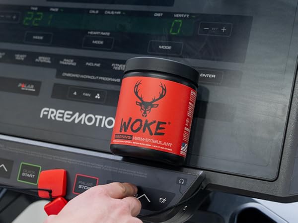 Bucked Up Woke Pre-Workout on a treadmill being used by a man