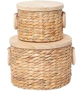 Set of 2 Natural Water Hyacinth Woven Storage Baskets with Wooden Lid & Handles, Round Lidded Sto...
