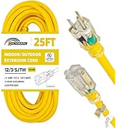 HONDERSON 25FT 12/3 Lighted Outdoor Extension Cord - 12 Gauge 3 Prong SJTW Heavy Duty Yellow Exte...