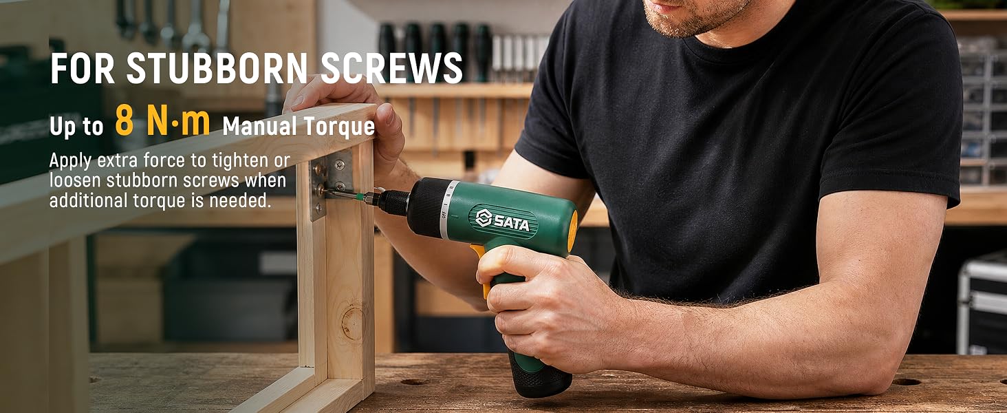 Electric screwdriver with up to 8 N·m manual torque for stubborn screws