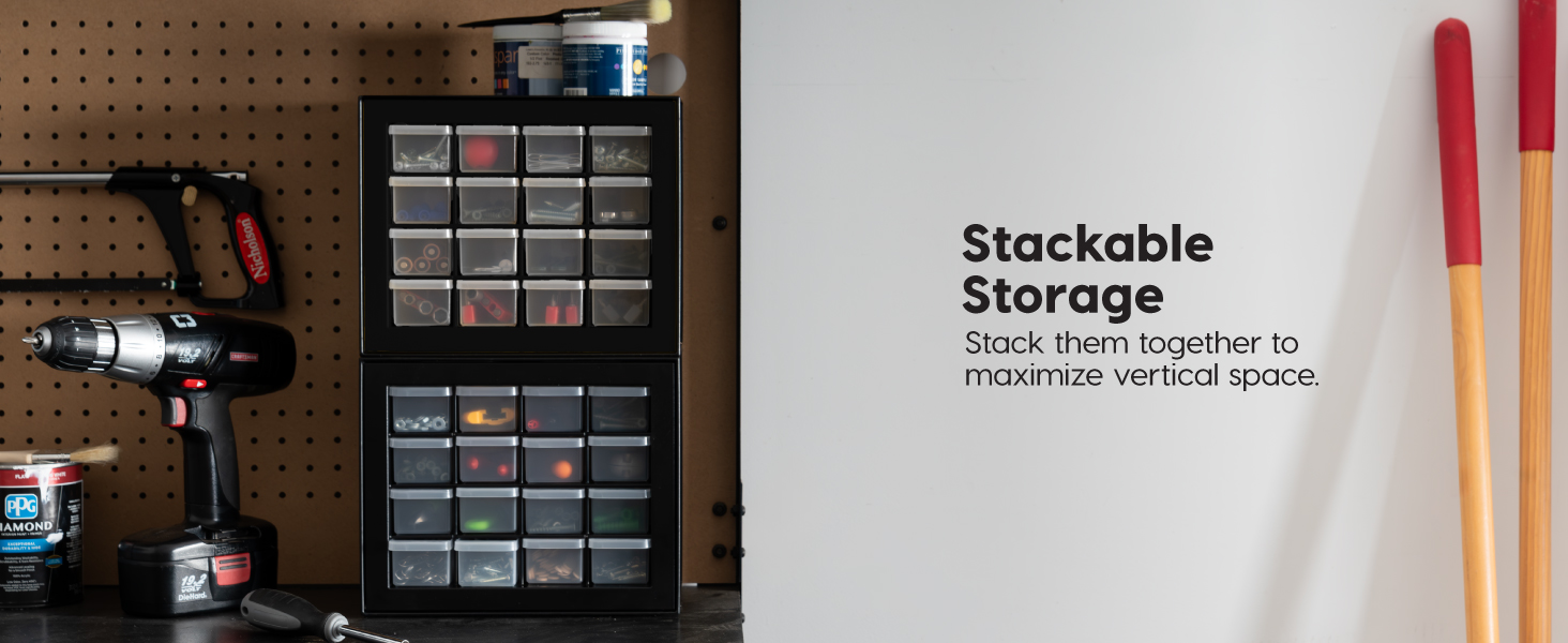Drawer parts cabinets stacked showing maximizing space potential