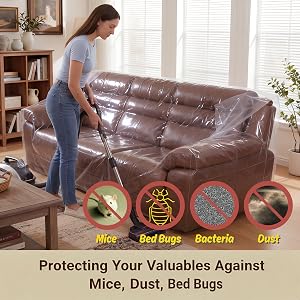 Large plastic sofa cover for moving heavy duty couch protector against bed bugs mice dust bacteria