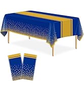 LIKAJON 2 Pack Blue and Gold Tablecloth Party Decorations Plastic Blue Tablecloth Printed Gold Ta...