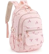 RTGNEI Kids High Middle School Backpack for Girls Travel Kawaii Laptop Coquette Bow Bookbag,Pink Bow