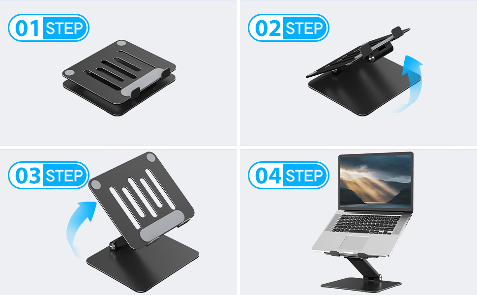 Four-step instruction showing assembly of laptop stand: 01 STEP through 04 STEP demonstrate folding black stand that elevates and angles a laptop.