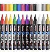 Paint Marker Pens - 12 Colors Permanent Acrylic Markers, Medium Tip, Water Based, Quick Dry, Wate...