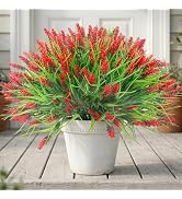 Rowfad 22 Pcs Artificial Outdoor Flowers Fake Outdoor Plants Monkey Grass with Red Flowers for Po...