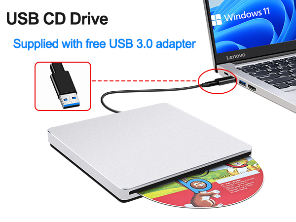 The NOLYTH external DVD drive is plug-and-play compatible with Windows 11 laptops.