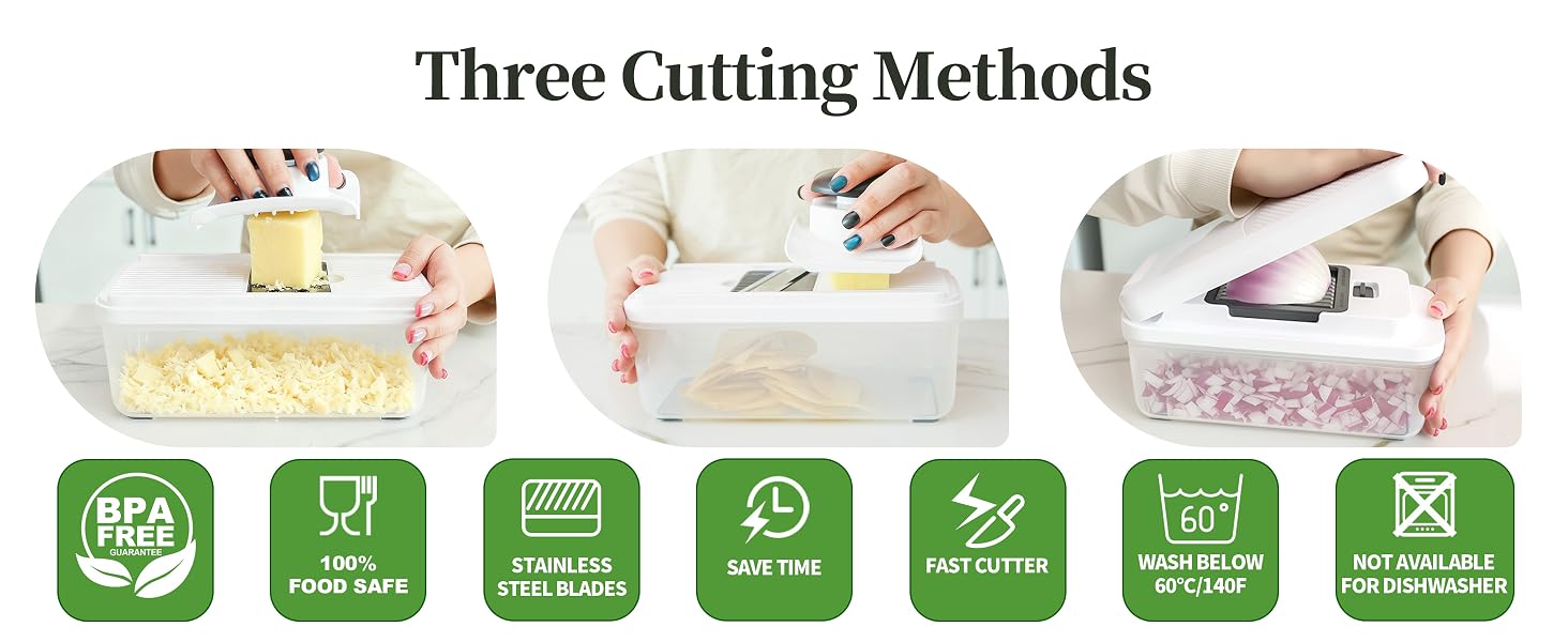 Safe vegetable dicing with protective hand guard and easy-to-clean design, dishwasher safe material