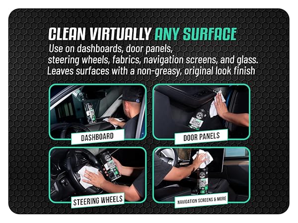Total Interior cleaning wipes used on car dashboard, door panels, console with fresh new car scent