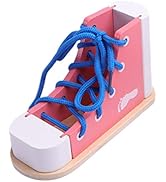 NUOBESTY Learn to Tie Shoes Wooden Lacing Shoe Toy Shoelaces Tying Toy Teaching Kit for Kids, Pink