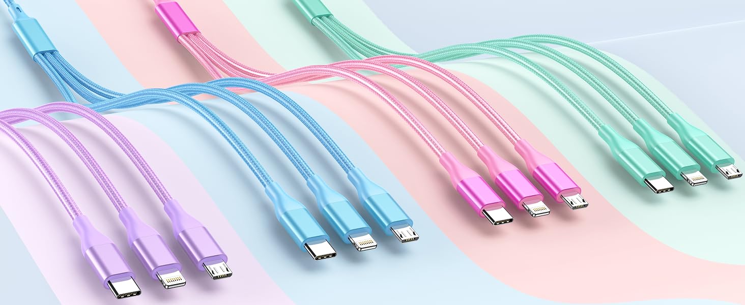 purple blue pink green multi charging cable 4ft 2pack 3 in 1 charger cord 3 in 1 charging cable usb