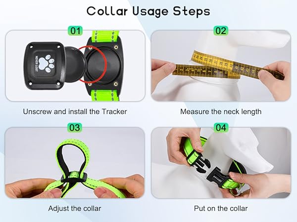 MYIWB Dog Collar Usage Steps: Install Tracker, Measure Neck, Adjust & Put On