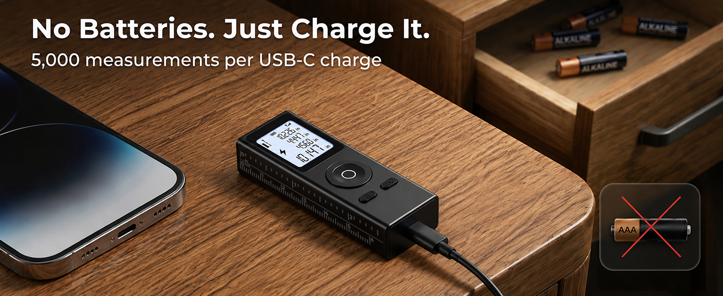 USB-C rechargeable laser distance measurer charging beside a phone, no AAA batteries needed