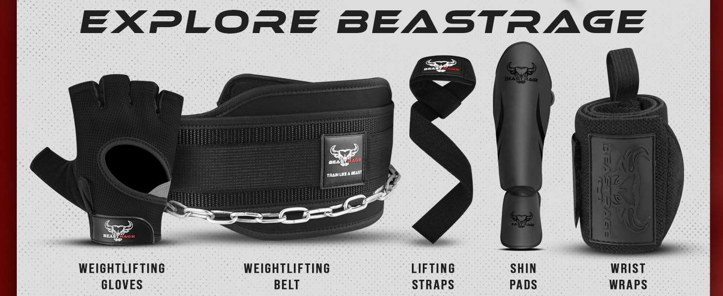Text reads: 'EXPLORE BEASTRAGE'. Product lineup showing black tactical or utility gear including belts, straps, and accessories arranged in horizontal display.