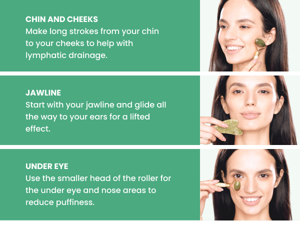 Woman using the Plantifique jade roller and gua sha on cheeks and jawline for facial massage