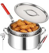 10 QT Stainless Steel Deep Fryer Pot with Basket Lid Tongs Thermometer, Fish Fryer Set for Propan...