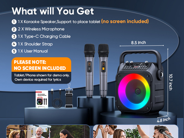 Portable Bluetooth Speaker with 2 Wireless Microphones for Adults