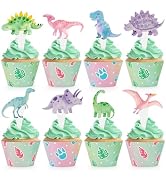 Hooqict 48 Pack Dinosaur Cupcake Toppers and Wrappers Dinosaur Birthday Party Cupcake Topper Deco...