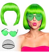 PLULON Green Bob Wig and Sunglass Set, Neon Funny Short Bob Wig Sunglass Pack Colorful Hairpieces...