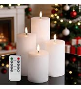 Girimax White Ribbed Flameless Pillar Candles with Remote, Flat Top Flickering LED Wax Battery Ca...