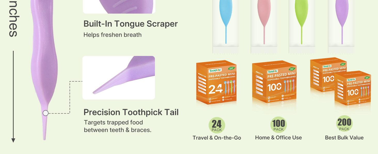 Tuckpoki pack options 24/100/200, individually wrapped pre-pasted mini toothbrushes for any need