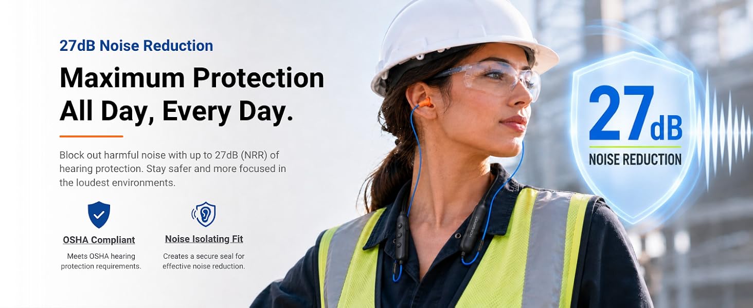 A woman wearing HomeSpot Neckband with 27dB NRR