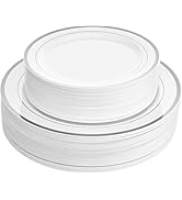 Aya's 60 Silver Rimmed Plastic Plates for Party, Heavy Duty Disposable Plate Set of 30 Dinner and...