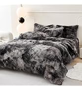 PERFEMET Dark Grey Plush Shaggy Comforter Set Twin Size 3 Piece Fluffy Faux Fur Tie Dye Bedding S...