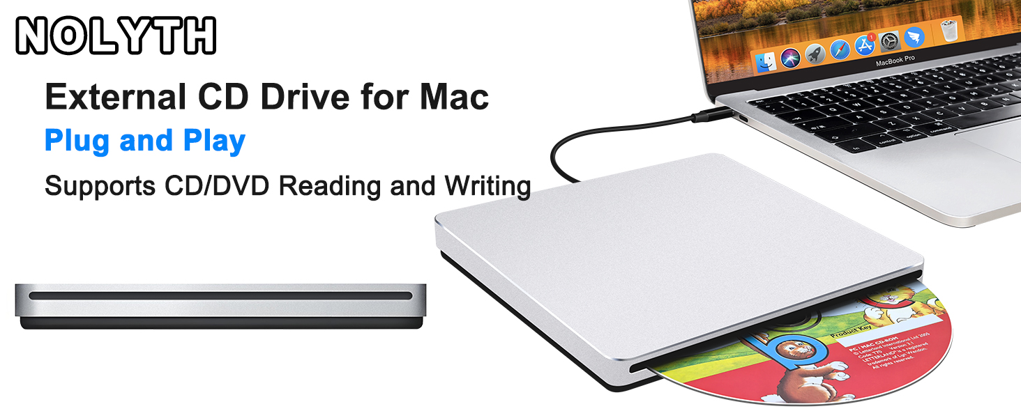 This external CD/DVD drive for laptop has a slot-loading design and an integrated a USB-C data cable